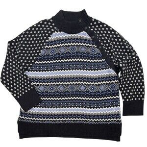 T by Talbots Thermolite Snap Mockneck Fair Isle Sweater Black Blue XL